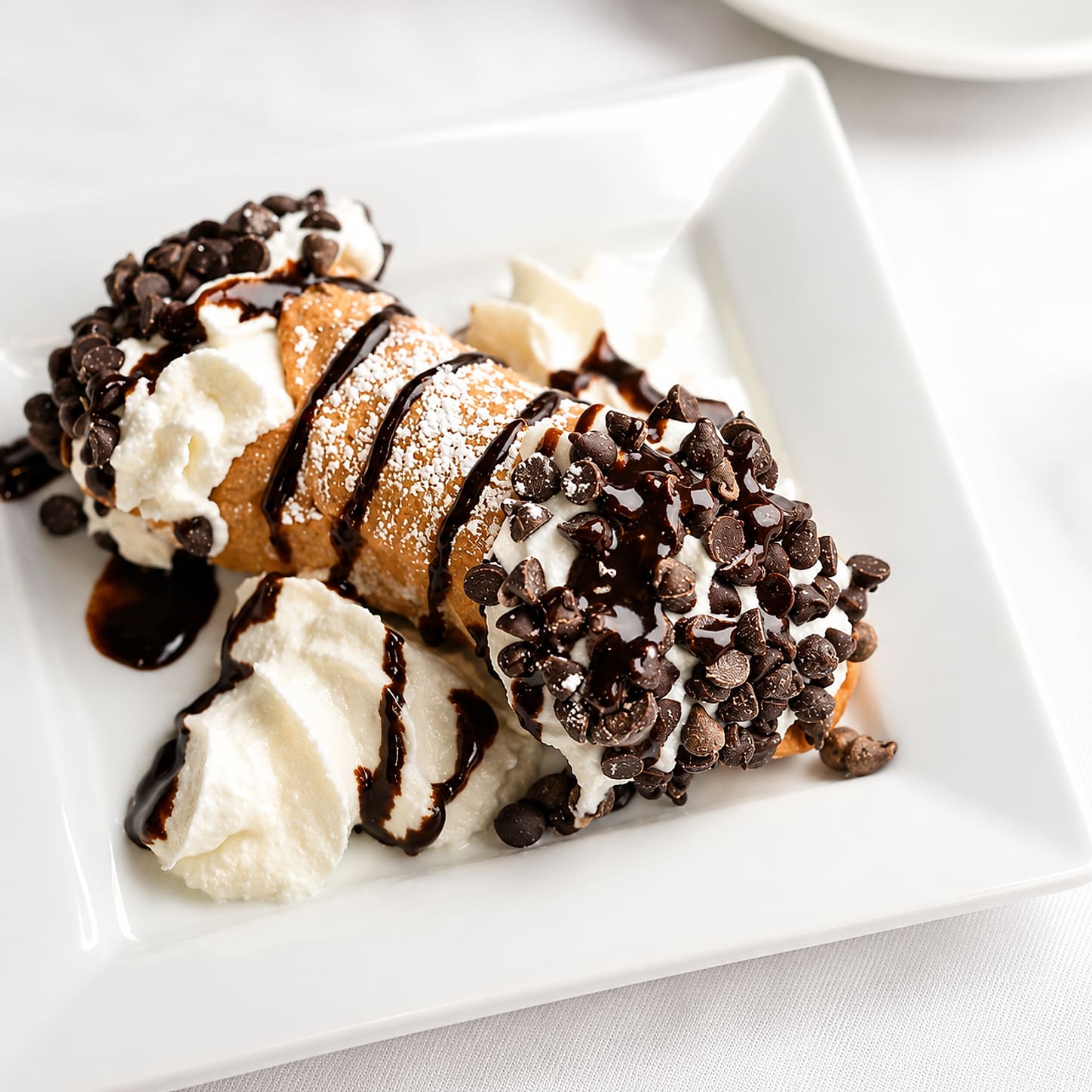 A cannolo on a square white plate, both ends packed with chocolate chips, with whipped cream and chocolate sauce beside it.