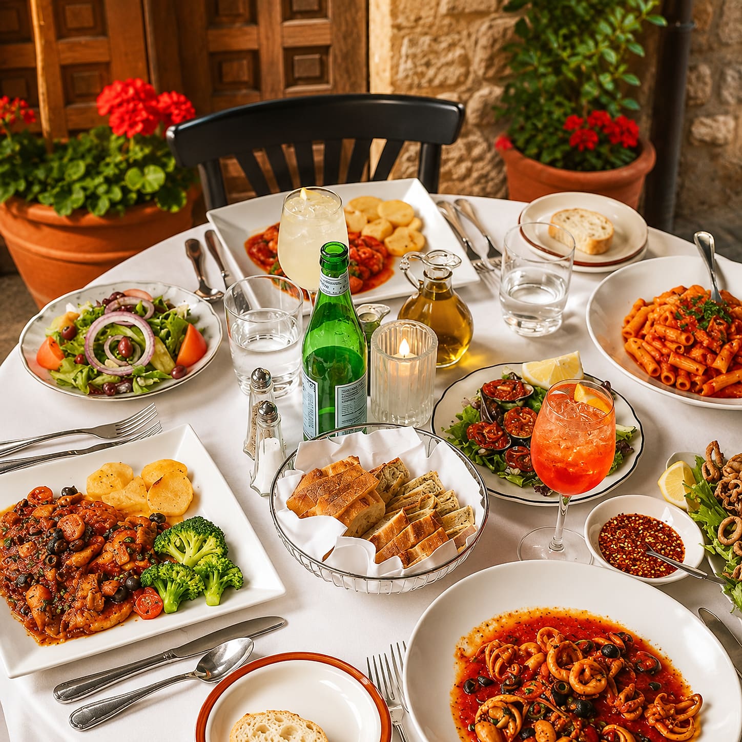 An outdoor table laid with plates of salad, calamari and pasta, a bottle of sparkling water and a candle, against a stone wall with terracotta pots of geraniums.