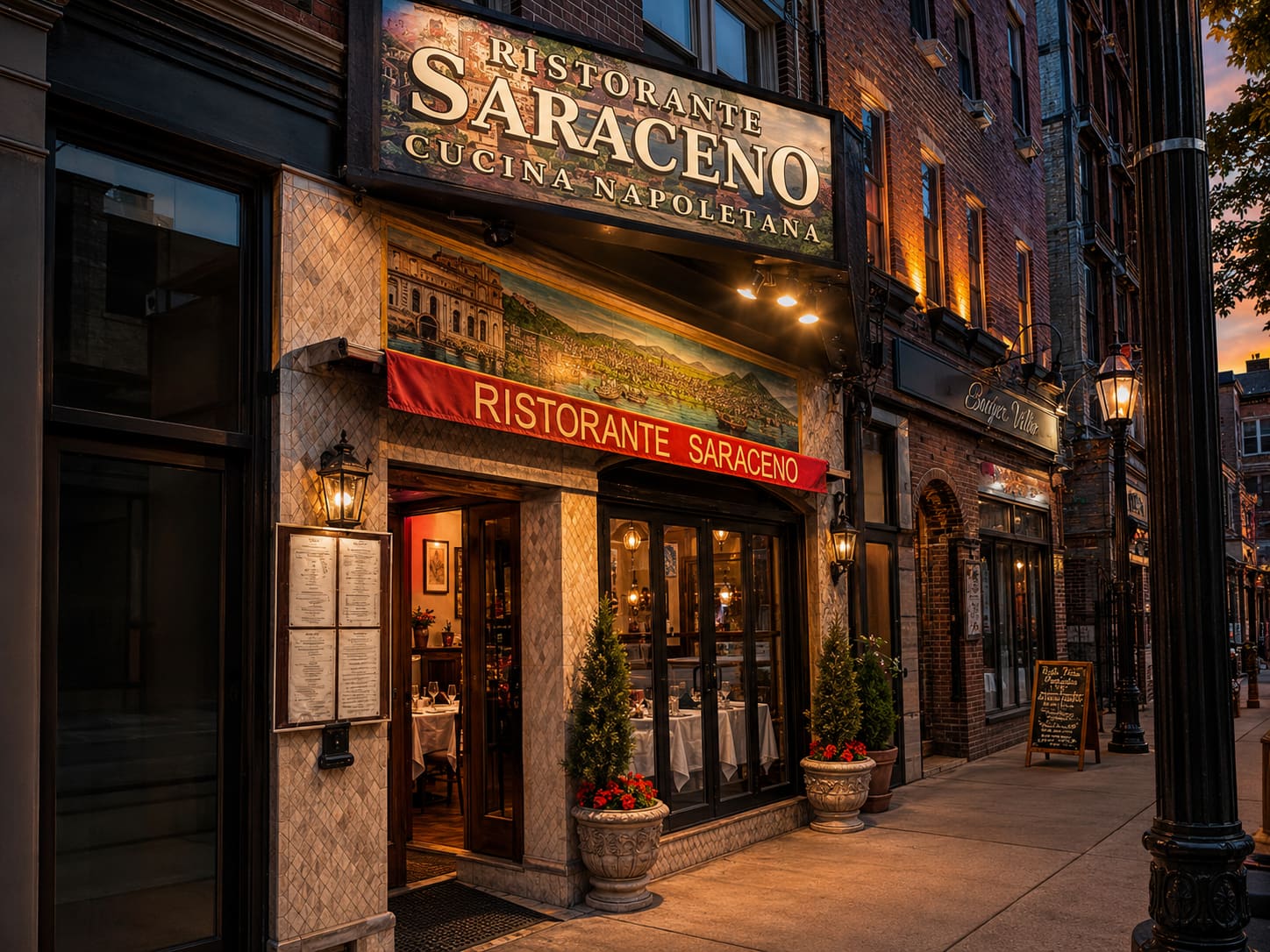 The front of Ristorante Saraceno at dusk on Hanover Street — a red awning lettered RISTORANTE SARACENO under a painted CUCINA NAPOLETANA board, warm light in the windows and a street lamp beside the door.