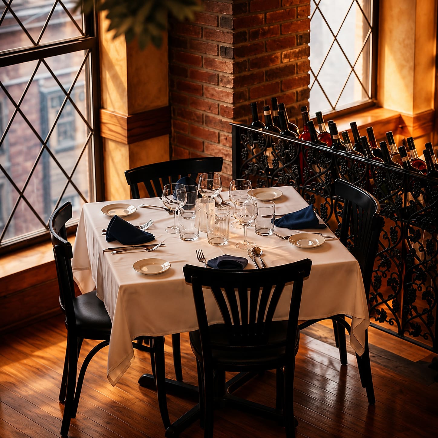 A table laid with a white cloth, folded navy napkins and wine glasses beside a leaded window, with exposed brick and a wooden floor.